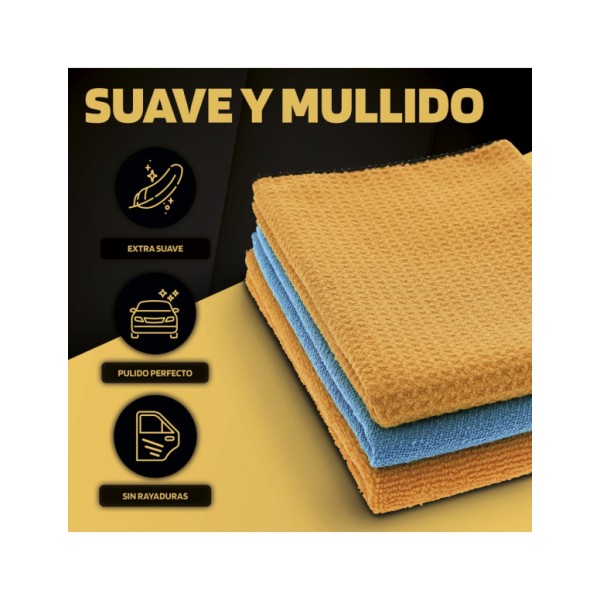 Pack 3 Paños Detailing Billionaire Kit 1 Paño Microfibra 360 gsm 1 Bayeta de Secado y 1 Bayeta Especial Cristales